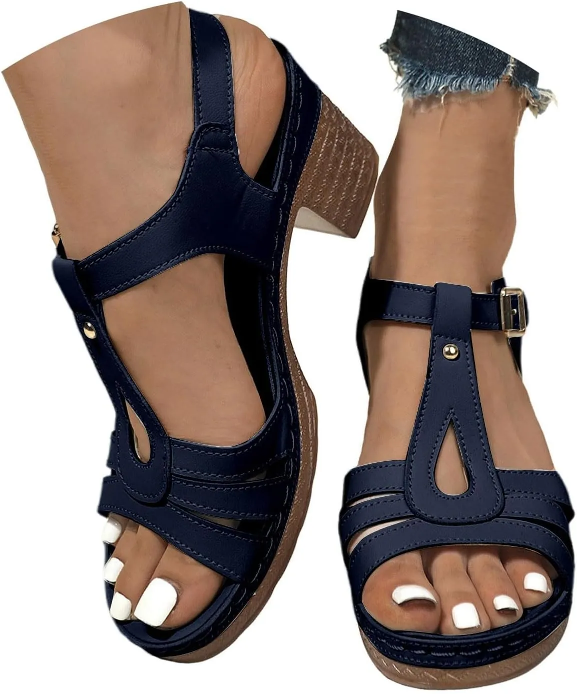 Mule Heels Sandals Women 2025 - Adjustable Hook Loop Chunky Block Heel Open Toe Slides Fashion Comfortable Prom Wedding Heels Boho Beach Walking Sandals