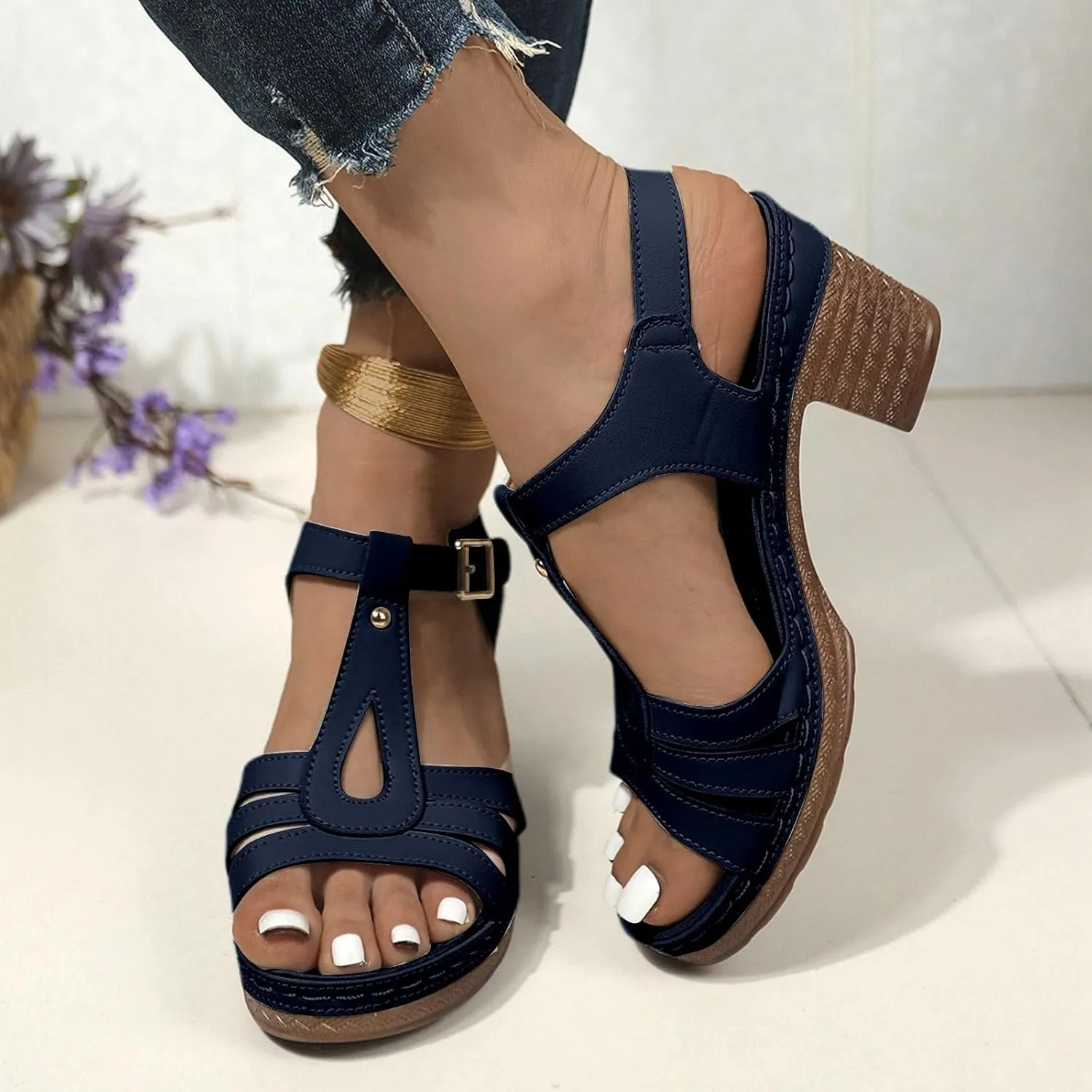Mule Heels Sandals Women 2025 - Adjustable Hook Loop Chunky Block Heel Open Toe Slides Fashion Comfortable Prom Wedding Heels Boho Beach Walking Sandals