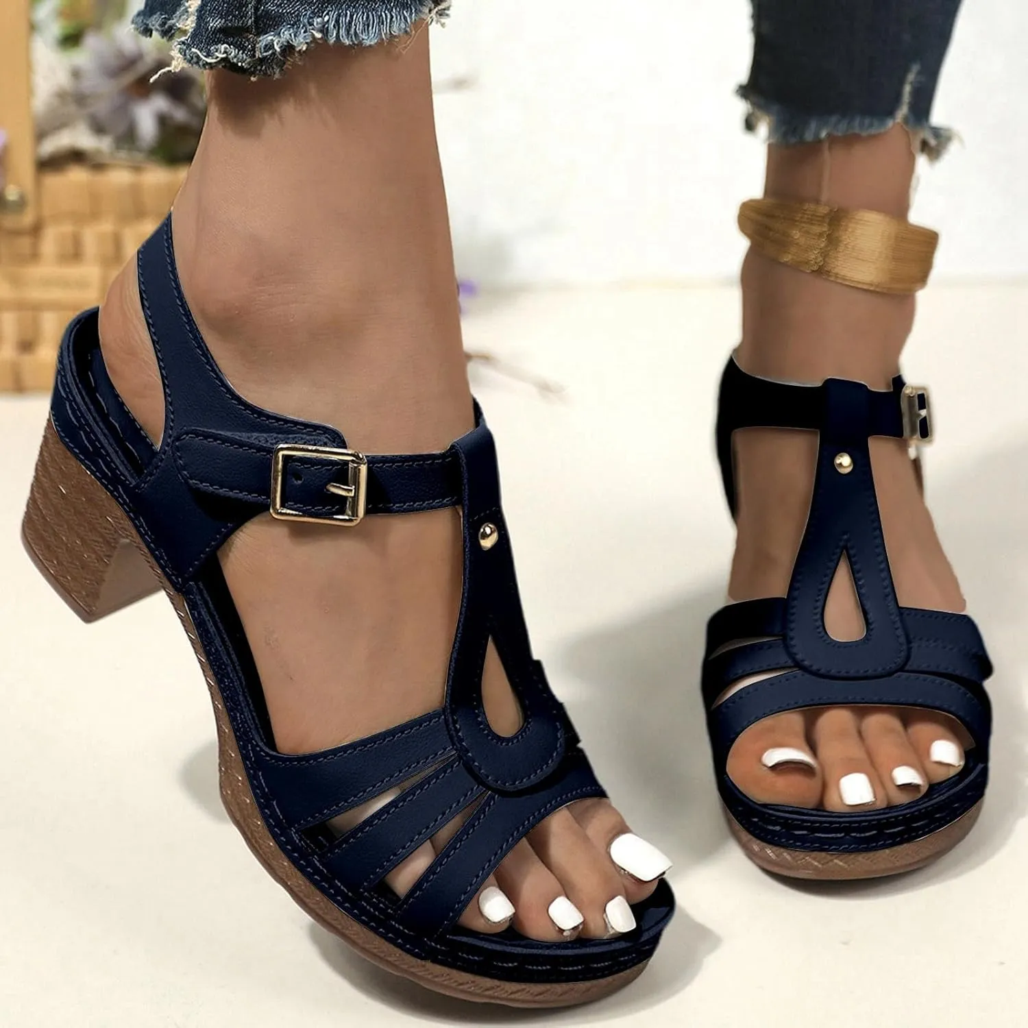 Mule Heels Sandals Women 2025 - Adjustable Hook Loop Chunky Block Heel Open Toe Slides Fashion Comfortable Prom Wedding Heels Boho Beach Walking Sandals