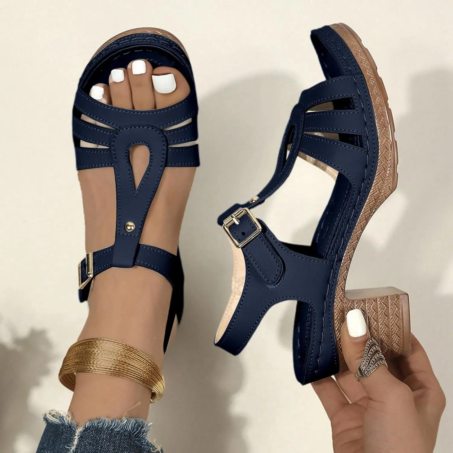 Mule Heels Sandals Women 2025 - Adjustable Hook Loop Chunky Block Heel Open Toe Slides Fashion Comfortable Prom Wedding Heels Boho Beach Walking Sandals