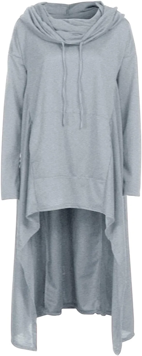 Muyise Womens Asymmetric Hem Long Sleeve Loose Casual Hoodies Sweatshirts Tunic Tops Cowl Neck High Low Cloak with Pockets