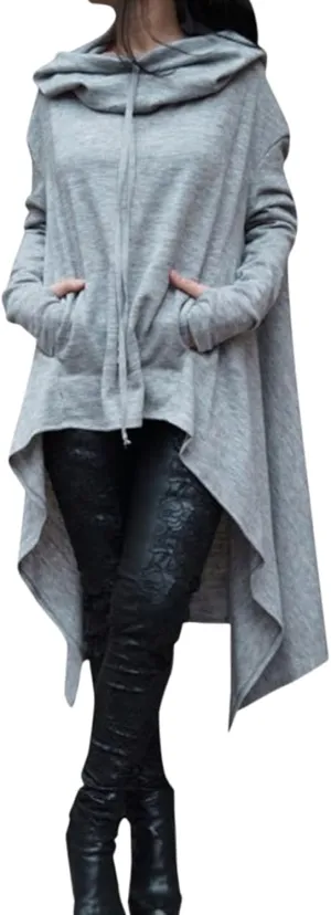 Muyise Womens Asymmetric Hem Long Sleeve Loose Casual Hoodies Sweatshirts Tunic Tops Cowl Neck High Low Cloak with Pockets
