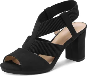 mysoft Women's Heeled Sandals with Elastic Ankle Strap Chunky Block Heel Open Toe Shoes