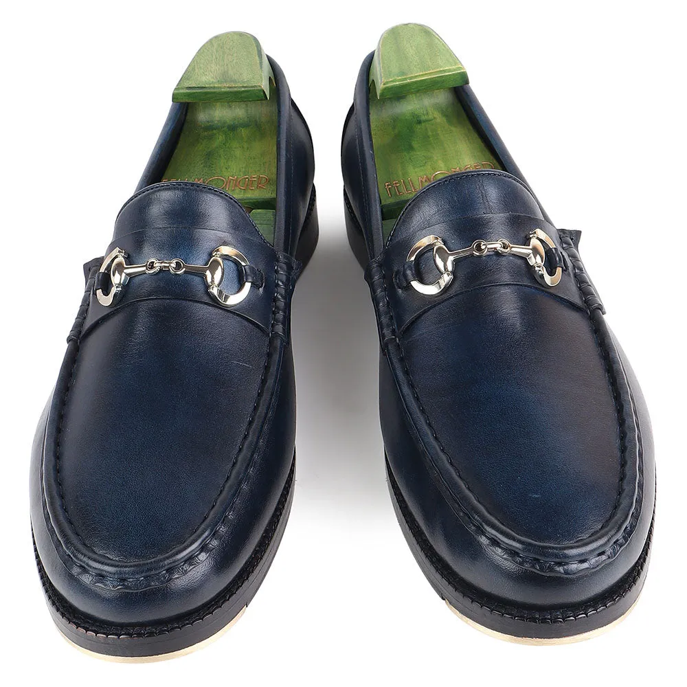 Navy Blue Mirror Glossed Patina Horsebit Loafers   Metal Toe