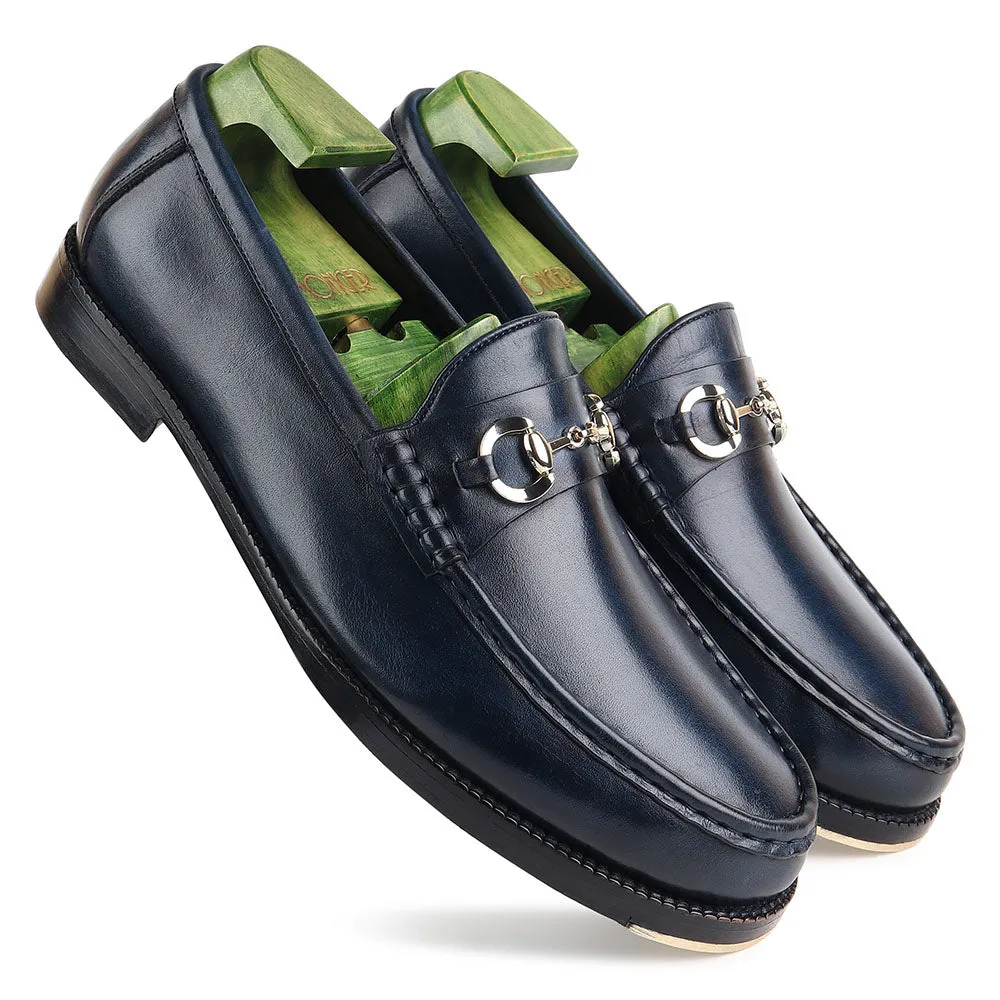 Navy Blue Mirror Glossed Patina Horsebit Loafers   Metal Toe