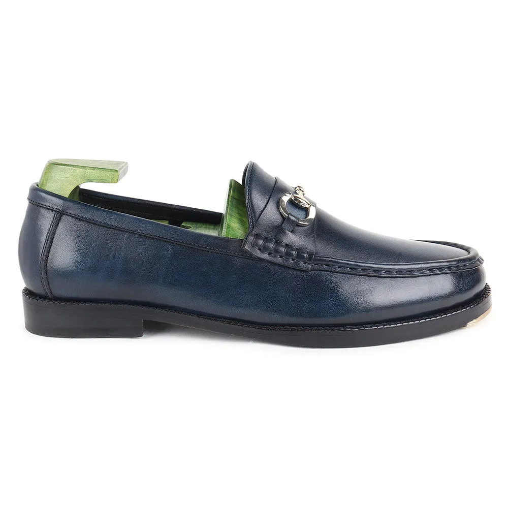Navy Blue Mirror Glossed Patina Horsebit Loafers   Metal Toe
