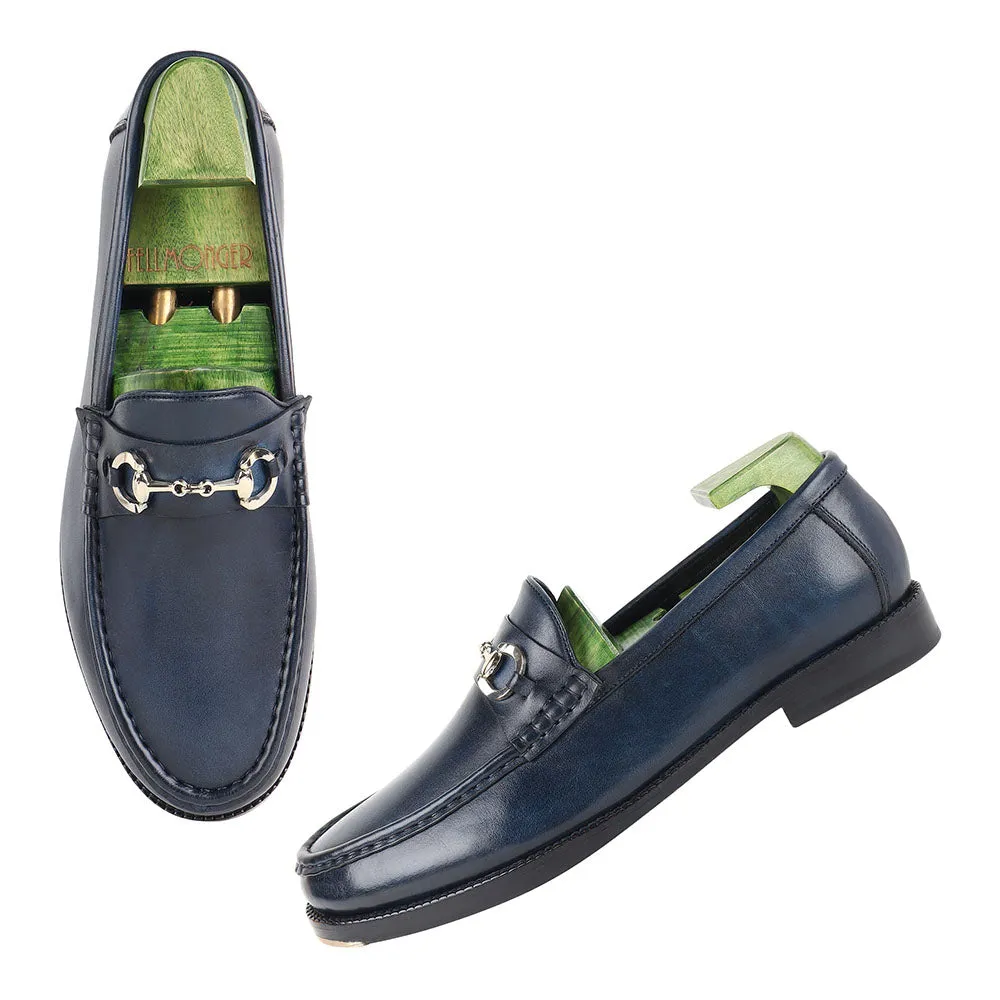 Navy Blue Mirror Glossed Patina Horsebit Loafers   Metal Toe