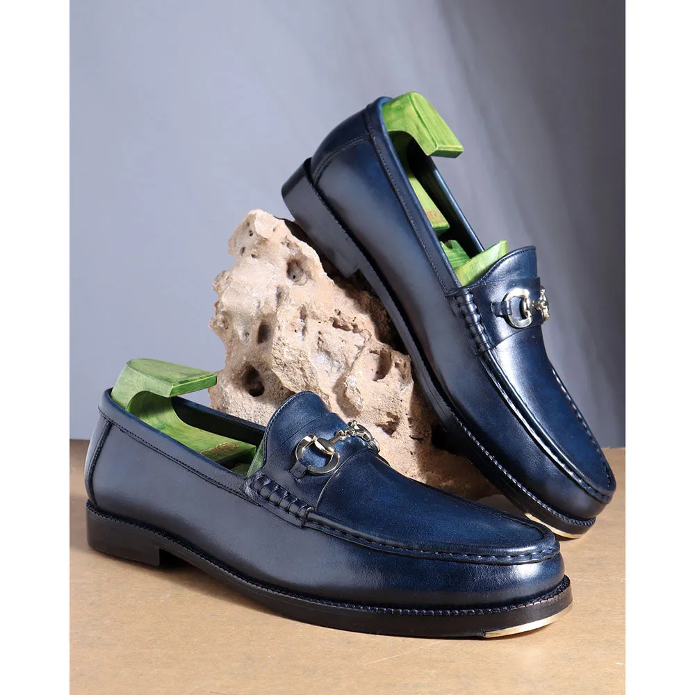 Navy Blue Mirror Glossed Patina Horsebit Loafers   Metal Toe