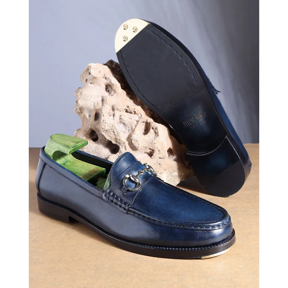 Navy Blue Mirror Glossed Patina Horsebit Loafers   Metal Toe