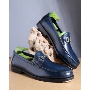 Navy Blue Mirror Glossed Patina Horsebit Loafers   Metal Toe