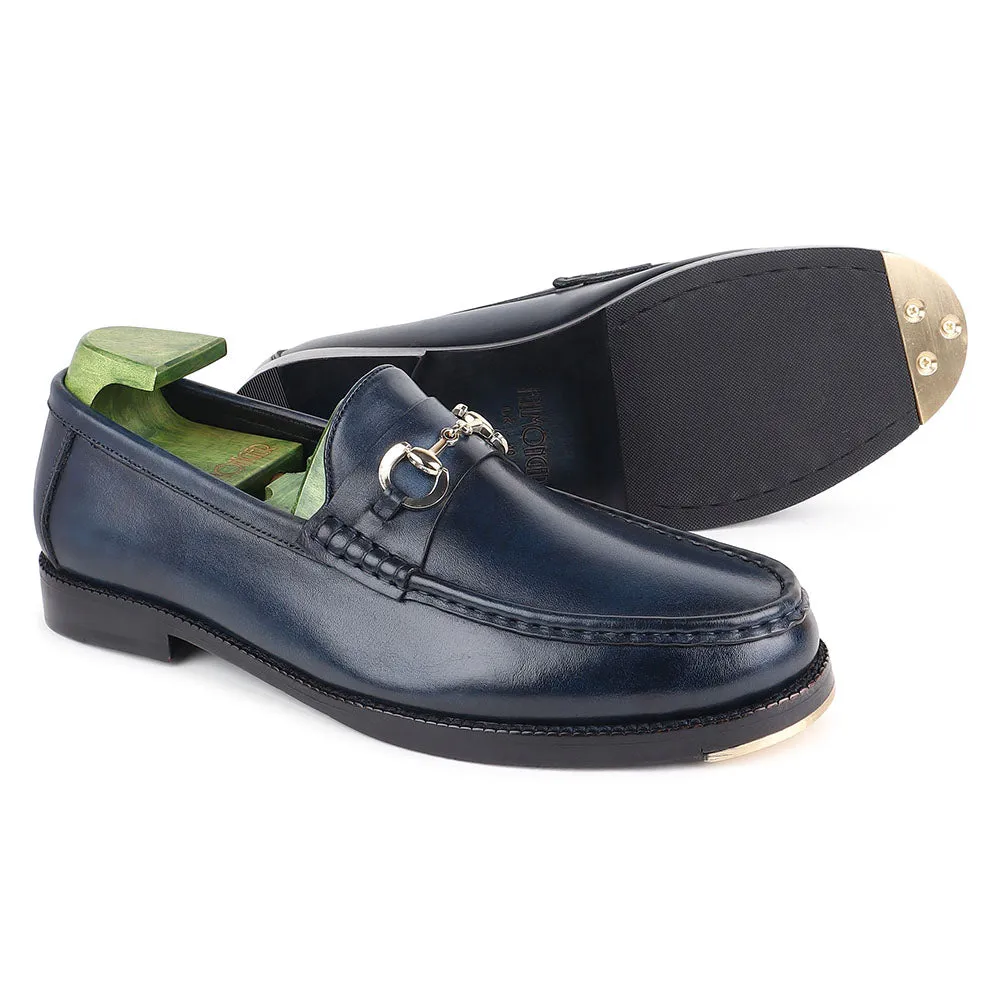 Navy Blue Mirror Glossed Patina Horsebit Loafers   Metal Toe