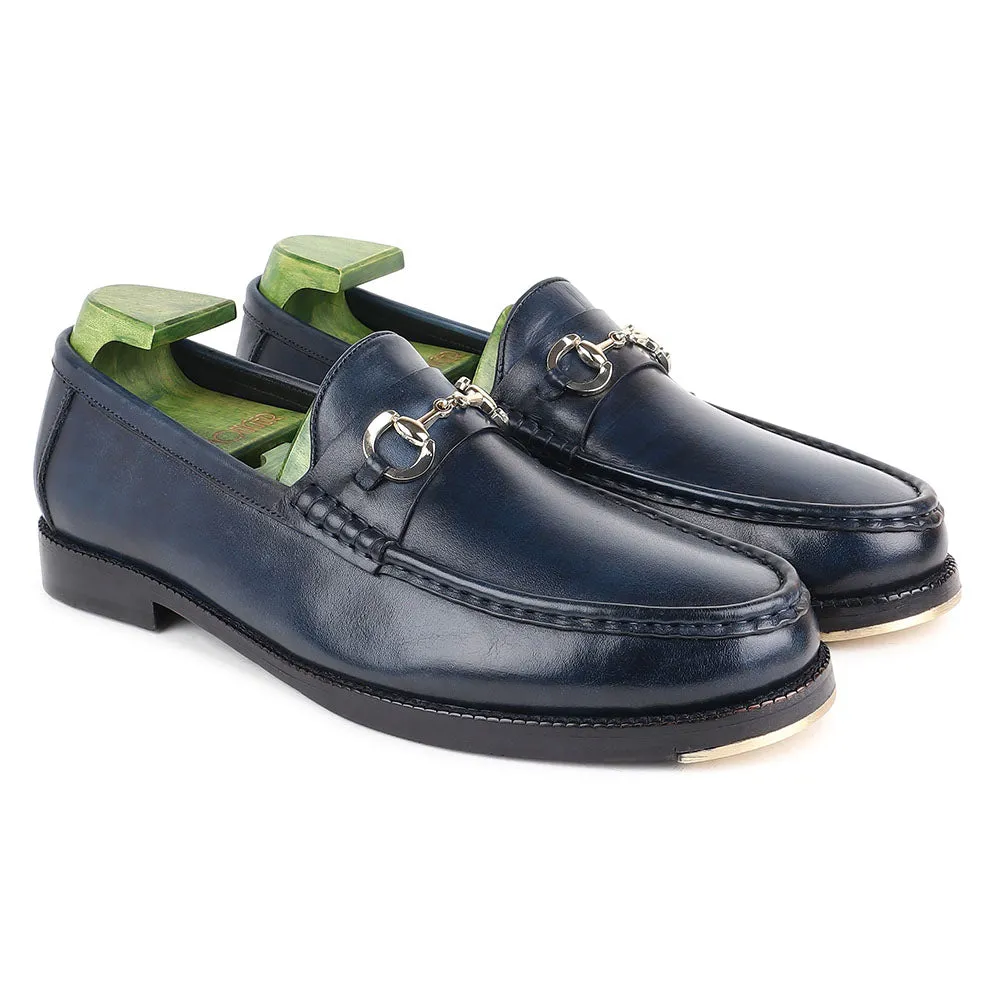 Navy Blue Mirror Glossed Patina Horsebit Loafers   Metal Toe