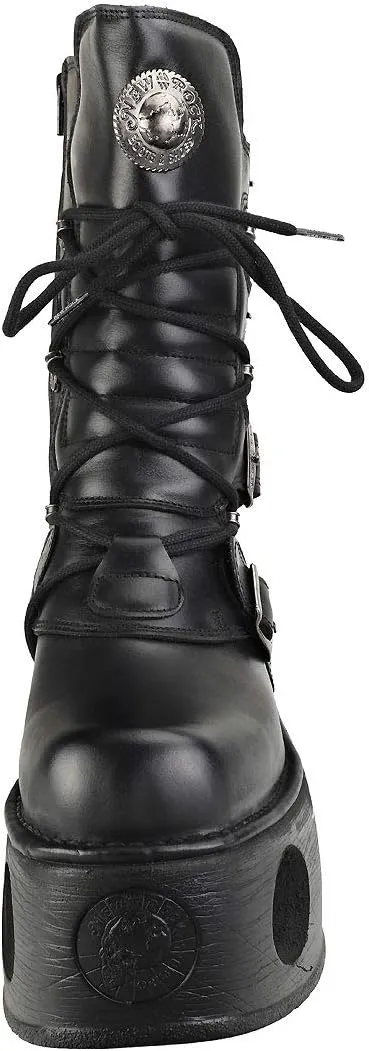 New Rock Shoes - Unisex Leather Mid-Calf Boots with Neptune Spring Soles Black