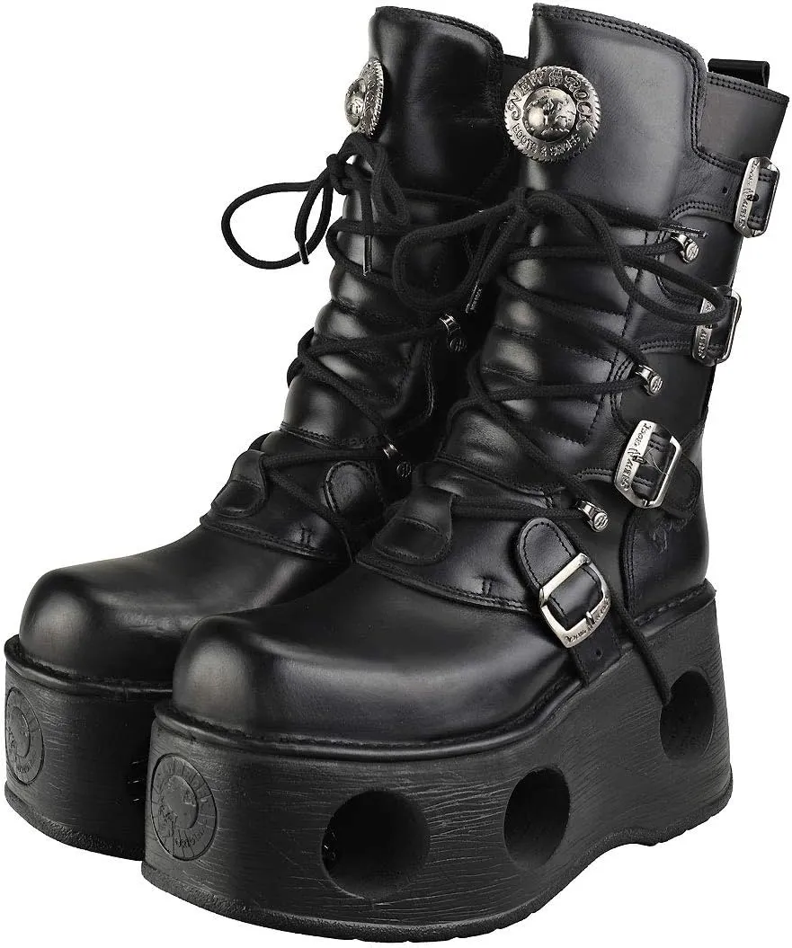 New Rock Shoes - Unisex Leather Mid-Calf Boots with Neptune Spring Soles Black