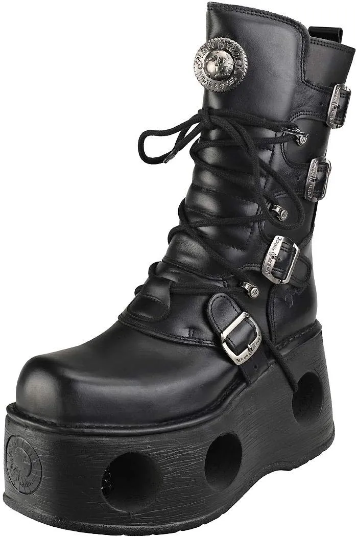 New Rock Shoes - Unisex Leather Mid-Calf Boots with Neptune Spring Soles Black