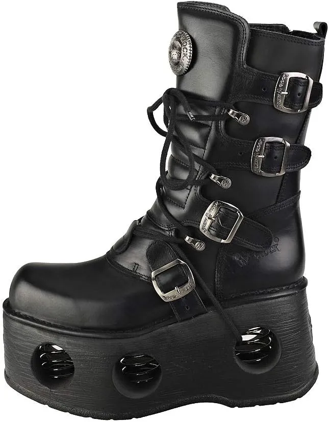 New Rock Shoes - Unisex Leather Mid-Calf Boots with Neptune Spring Soles Black