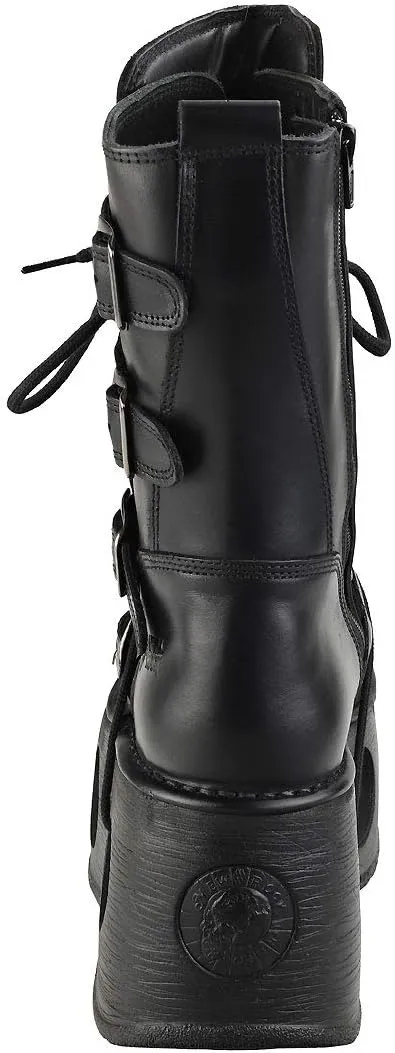 New Rock Shoes - Unisex Leather Mid-Calf Boots with Neptune Spring Soles Black