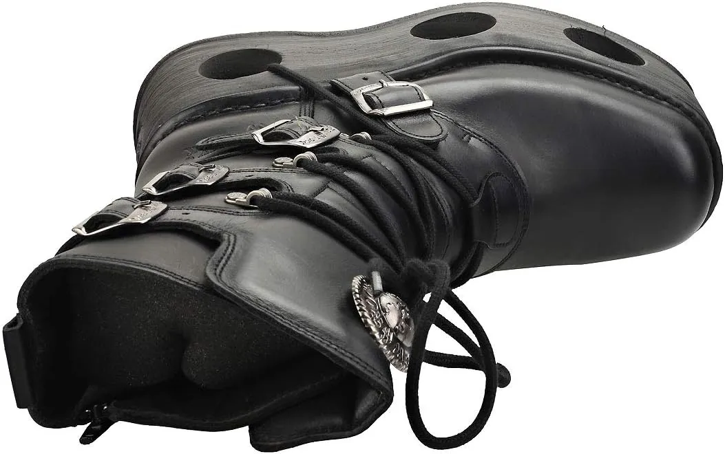 New Rock Shoes - Unisex Leather Mid-Calf Boots with Neptune Spring Soles Black