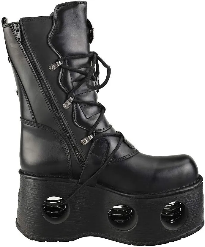 New Rock Shoes - Unisex Leather Mid-Calf Boots with Neptune Spring Soles Black