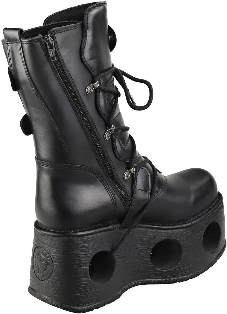 New Rock Shoes - Unisex Leather Mid-Calf Boots with Neptune Spring Soles Black