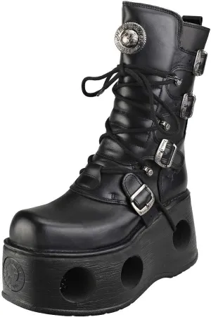 New Rock Shoes - Unisex Leather Mid-Calf Boots with Neptune Spring Soles Black