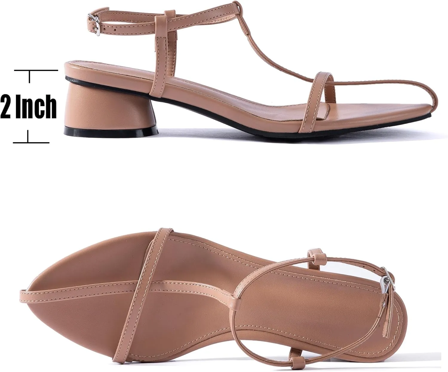 N.N.G Women Pointed Toe Ankle Strap Sandals, Low Block Heel, Black Nude Leather, 2 Inch Heel