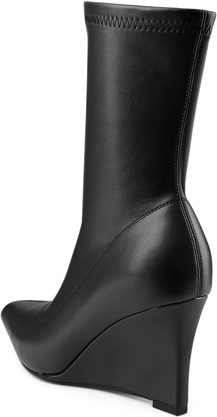 Oh Mispares Women’s Mid Calf Boots Wedge Heel Pointed Toe Side Zipper Comfortable Ankle Short Boots Closed Toe Elegant Party Dress Booties 3 Inches