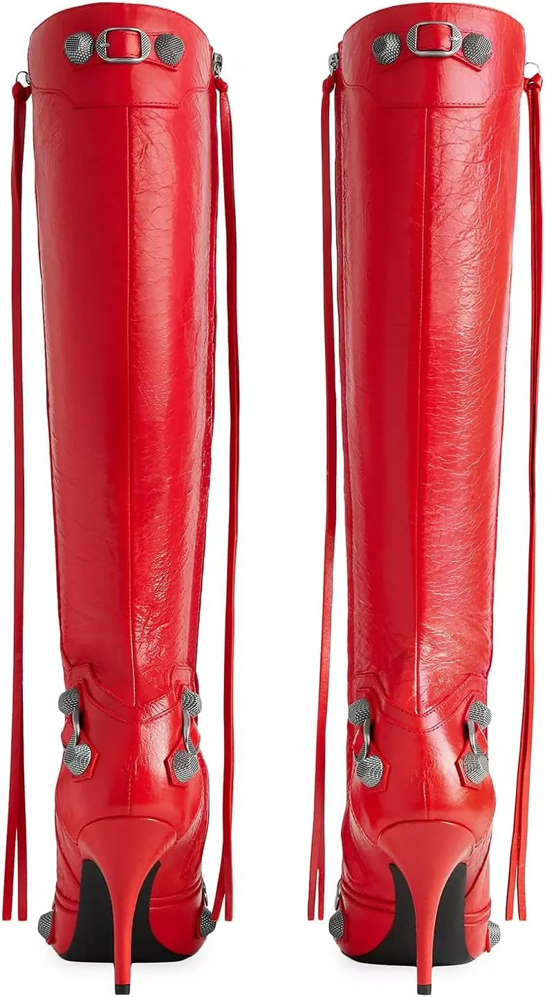 Oiamenne Knee High Boots for Women Fashion Slide Zipper Pointed Toe Stiletto Studded High Heel Rivets Tassel Boots Party Dress Shoes