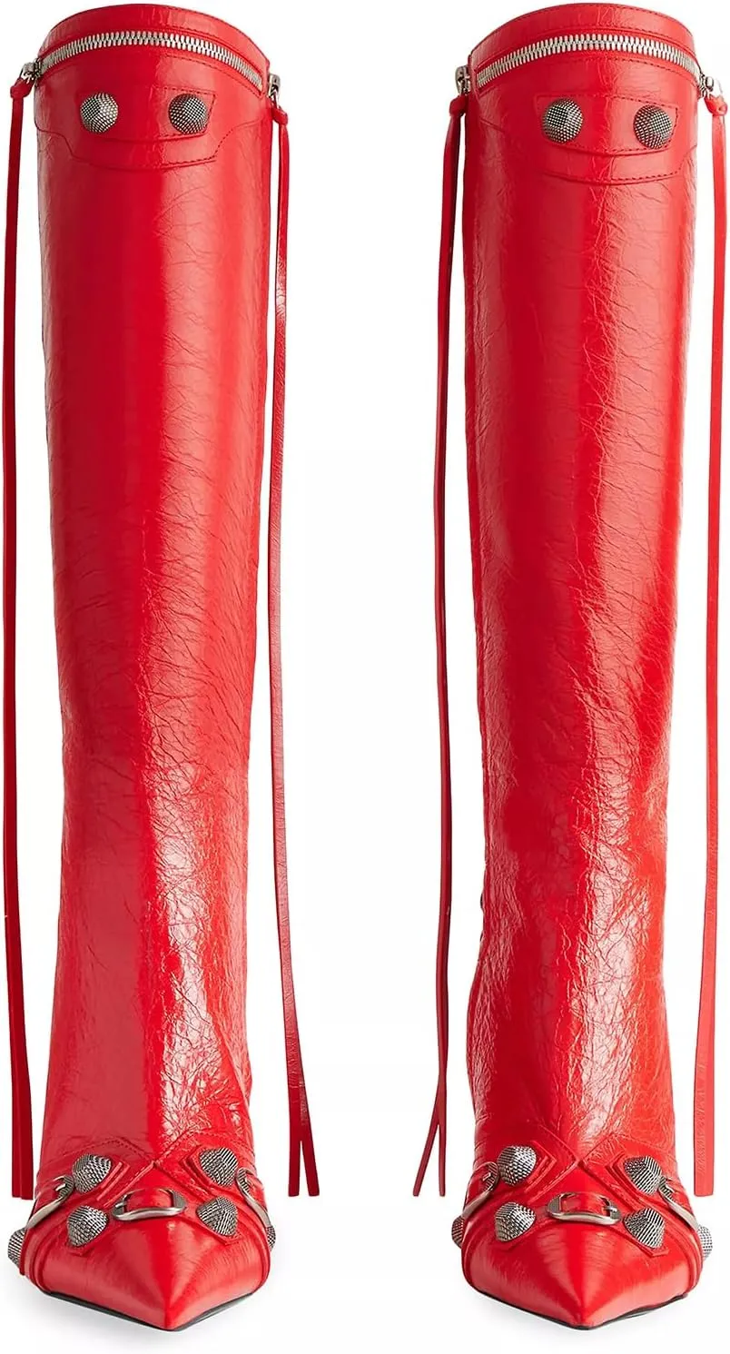 Oiamenne Knee High Boots for Women Fashion Slide Zipper Pointed Toe Stiletto Studded High Heel Rivets Tassel Boots Party Dress Shoes