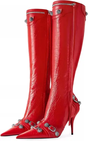 Oiamenne Knee High Boots for Women Fashion Slide Zipper Pointed Toe Stiletto Studded High Heel Rivets Tassel Boots Party Dress Shoes