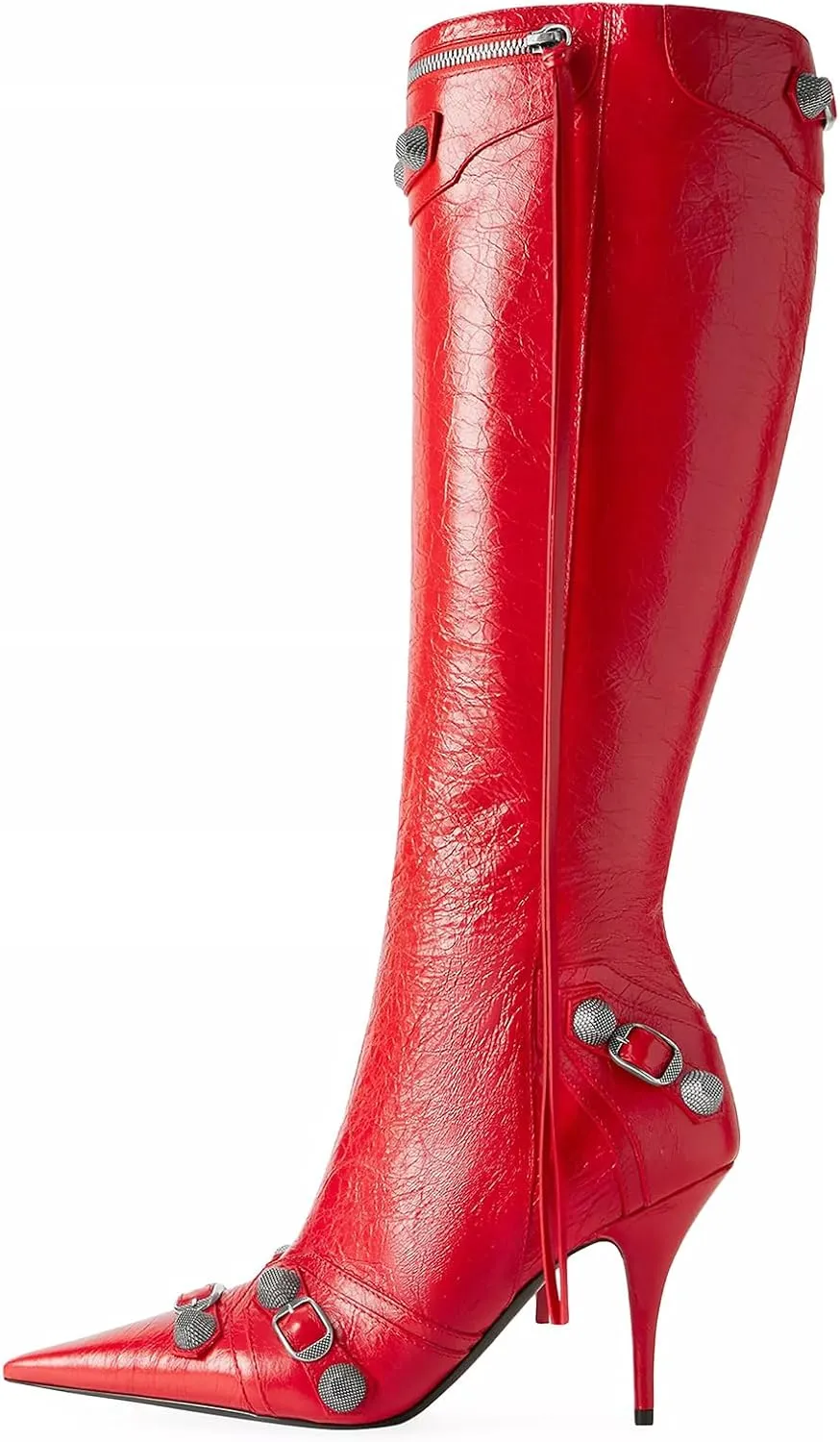 Oiamenne Knee High Boots for Women Fashion Slide Zipper Pointed Toe Stiletto Studded High Heel Rivets Tassel Boots Party Dress Shoes