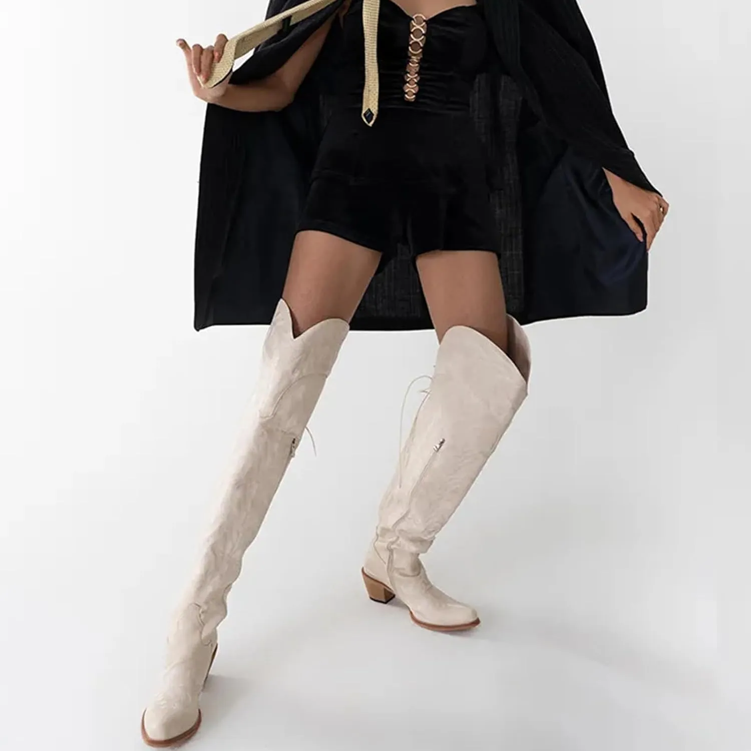 olomisa Over The Knee Cowboy Boots for Women Classic Embroidery Low Chunky Heel Side Zipper Thigh High Cowgirl Boots