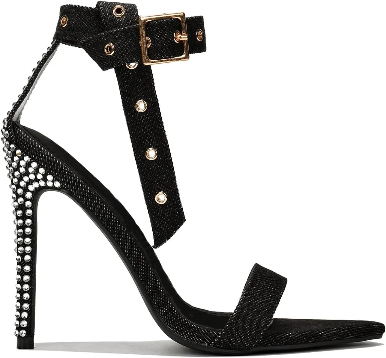 onlymaker Sexy Pointy Toe Rhinestone Beaded Stiletto Heeled Sandals for Women Single Band Buckle Strappy Canvas Crystal Summer Sandals
