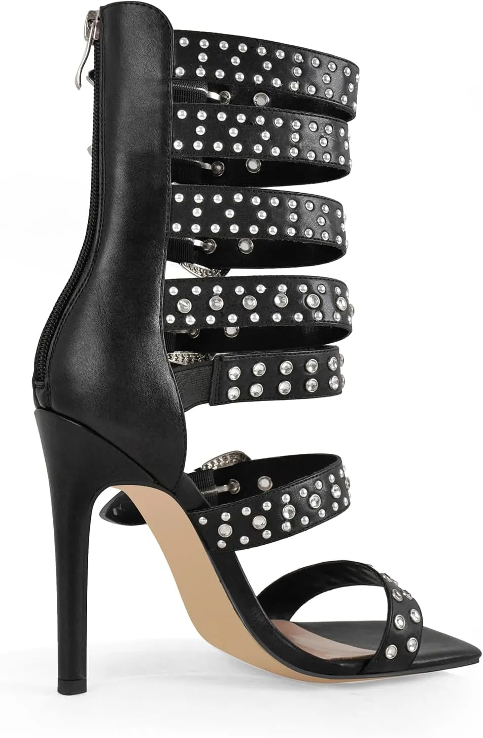 onlymaker Square Toe Rhinestone Beaded Zip up Stiletto Heeled Sandals for Women Multi Rivet Studded Buckle Bands Summer Sandals