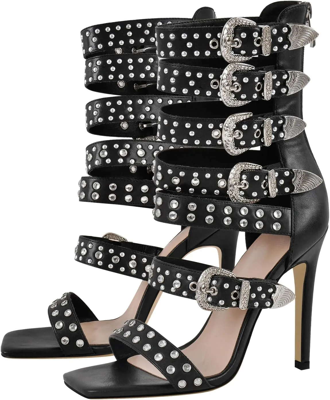 onlymaker Square Toe Rhinestone Beaded Zip up Stiletto Heeled Sandals for Women Multi Rivet Studded Buckle Bands Summer Sandals