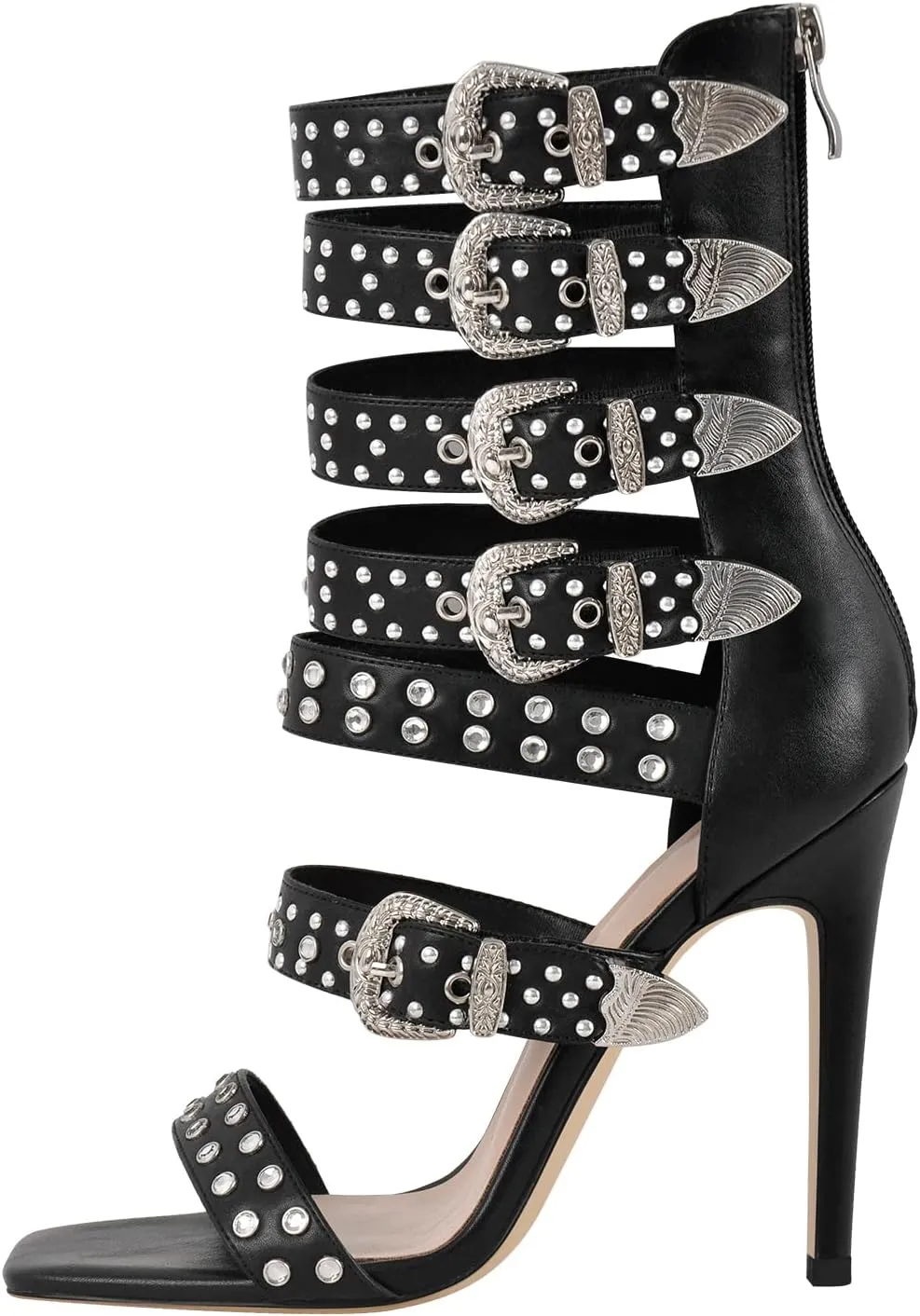 onlymaker Square Toe Rhinestone Beaded Zip up Stiletto Heeled Sandals for Women Multi Rivet Studded Buckle Bands Summer Sandals