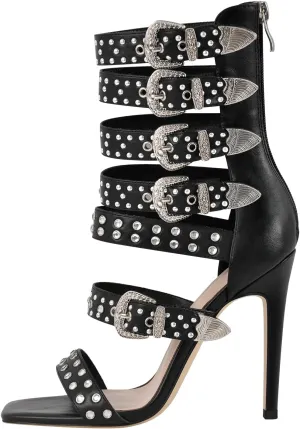 onlymaker Square Toe Rhinestone Beaded Zip up Stiletto Heeled Sandals for Women Multi Rivet Studded Buckle Bands Summer Sandals