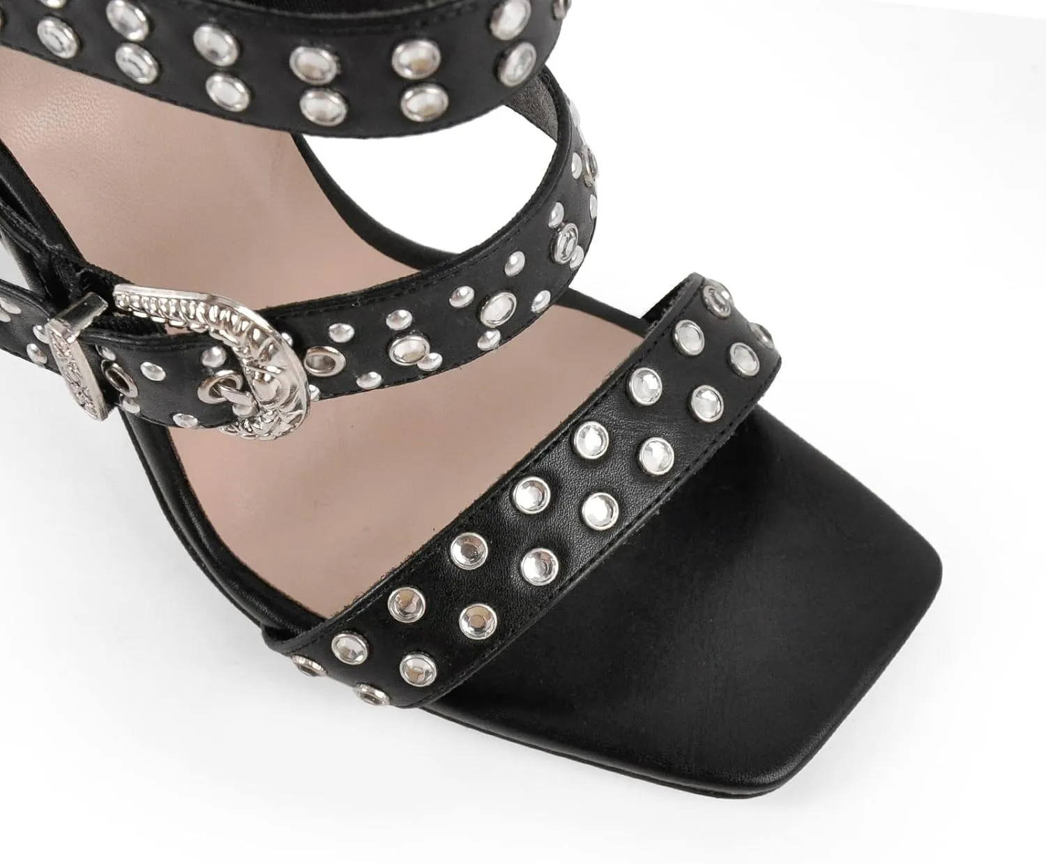 onlymaker Square Toe Rhinestone Beaded Zip up Stiletto Heeled Sandals for Women Multi Rivet Studded Buckle Bands Summer Sandals