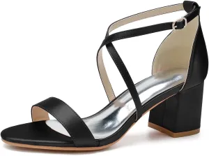 Open Toe Satin Block Heels Wedding Shoes for Bride Low Heels Criss Cross Straps Bridal Shoes Ankle Strap Prom Party Dress Shoes for Women