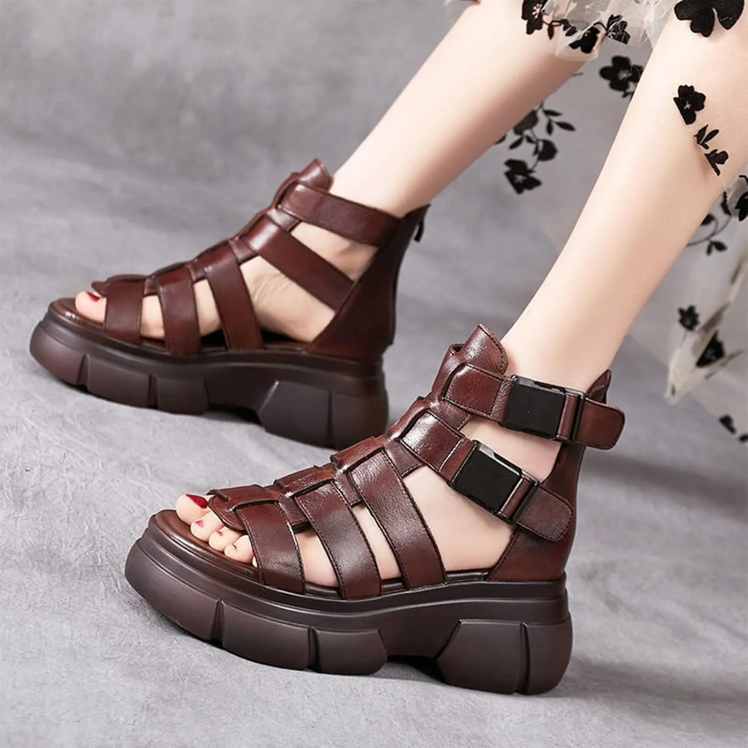 Optigard Women's Leather Platform Gladiator Sandals with Back Zipper, Open Toe Non-Slip High-Top Fisherman Sandals Comfortable Chunky Dress Party Roman Shoes