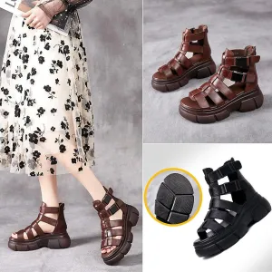 Optigard Women's Leather Platform Gladiator Sandals with Back Zipper, Open Toe Non-Slip High-Top Fisherman Sandals Comfortable Chunky Dress Party Roman Shoes