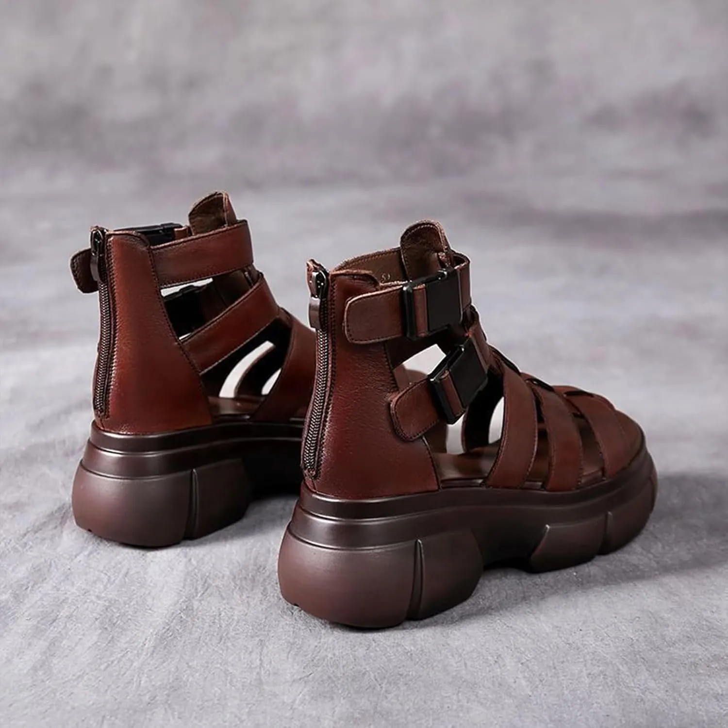 Optigard Women's Leather Platform Gladiator Sandals with Back Zipper, Open Toe Non-Slip High-Top Fisherman Sandals Comfortable Chunky Dress Party Roman Shoes