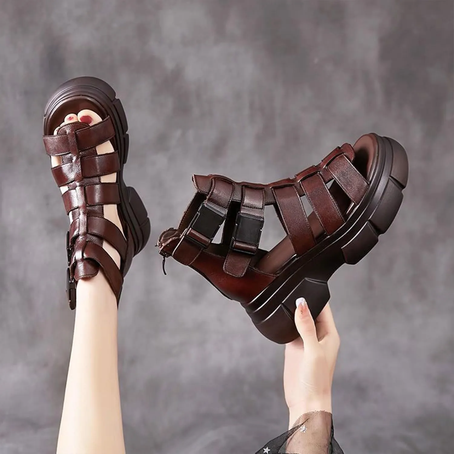 Optigard Women's Leather Platform Gladiator Sandals with Back Zipper, Open Toe Non-Slip High-Top Fisherman Sandals Comfortable Chunky Dress Party Roman Shoes