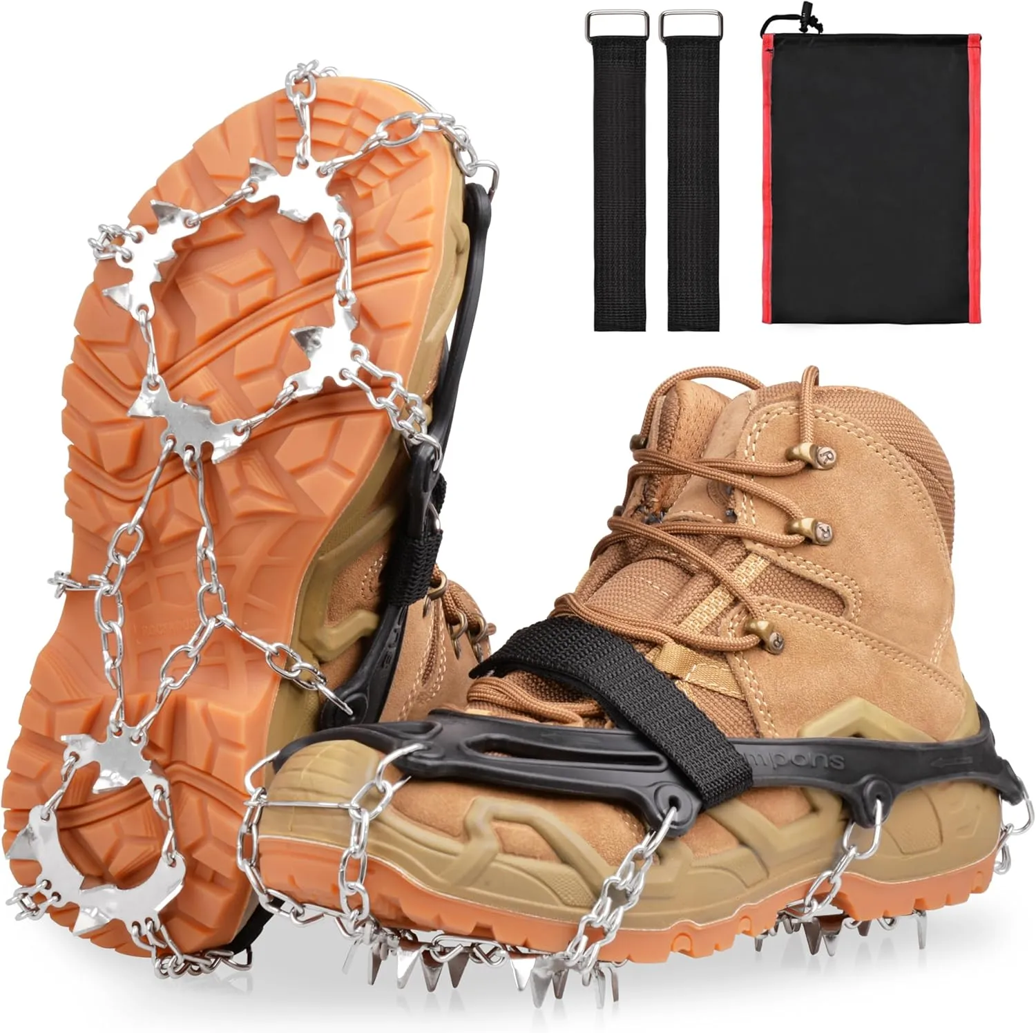 OROOTL Crampons Ice Cleats Snow Traction Grippers with 19 Stainless Steel Studs for Hiking Boots and Shoes Men Women Kids Anti Slip Snow Chains with Straps for Walking Camping Jogging Ice Fishing