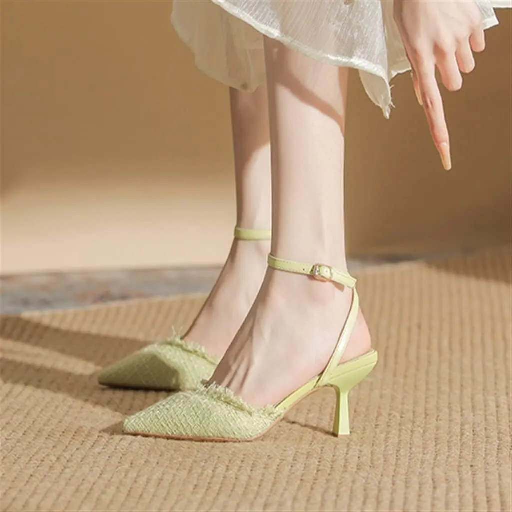 Package Sandals Female Pointed Back Hollow A Word Buckle with High Heels with Cheongsam 6.5cm