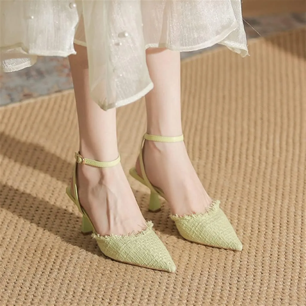 Package Sandals Female Pointed Back Hollow A Word Buckle with High Heels with Cheongsam 6.5cm