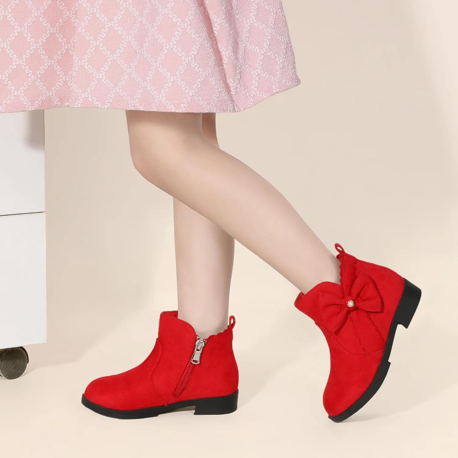 PANDANINJIA Toddler/Little Kid Girl's Clara Fashion Short Ankle Boots Pearls Bow Dress Booties with Zipper