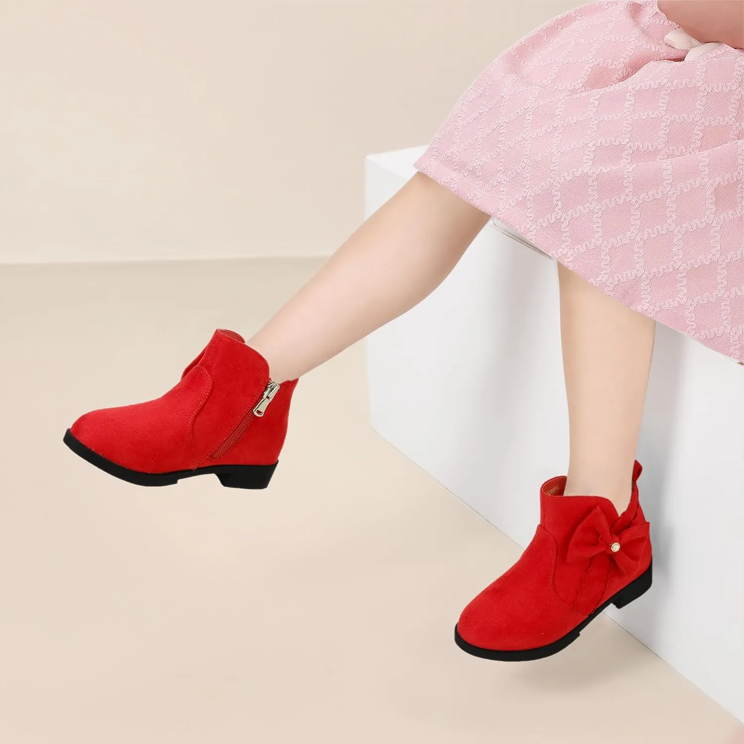 PANDANINJIA Toddler/Little Kid Girl's Clara Fashion Short Ankle Boots Pearls Bow Dress Booties with Zipper