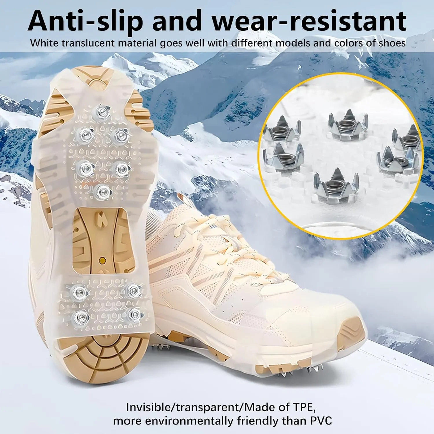 PangSing & Nan White & Transparent Ice Cleats for Shoes & Boots, Non Slip Grips for Snow & Ice Traction, Hiking & Walking