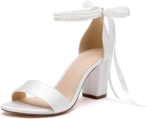 Pearl Wedding Shoes for Bride High Heels Block Heels Bridal Shoes with Bow Women Chunky Heels Sandals